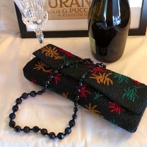 Vintage Black Beaded Evening Baguette Clutch Purse w/ Red, Gold and Green Detail